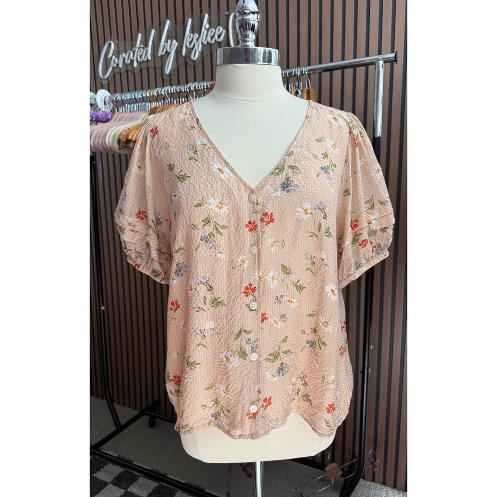 Madewell Blouse Women XL Pink Floral Silk Button Front Tiered Ruffle Sleeve